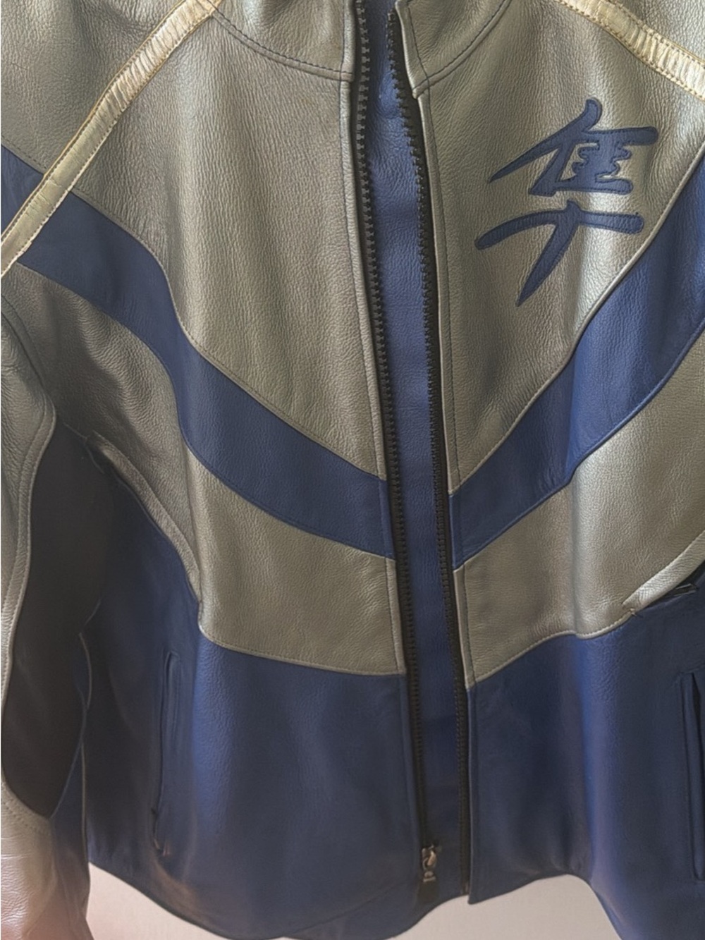 Men's Olive & Navy Leather Jacket with Embroidered Crest